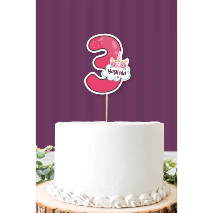 Unicorn Temalı 3 Yaşında (üç) Pasta Süsü *Kalın Kağıt