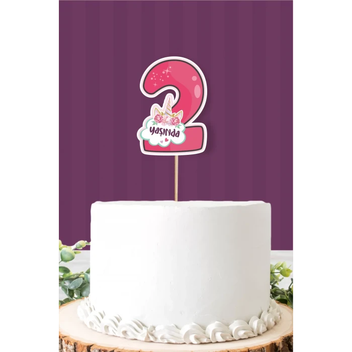 Unicorn Temalı 2 Yaşında (iki) Pasta Süsü *Kalın Kağıt