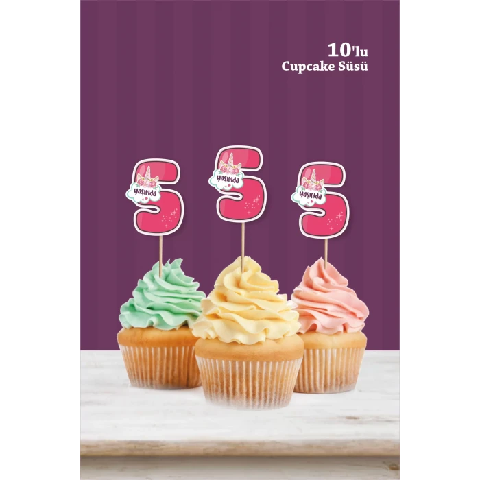 Unicorn Temalı * 5 (beş) Yaşında Cupcake Süsü 10lu