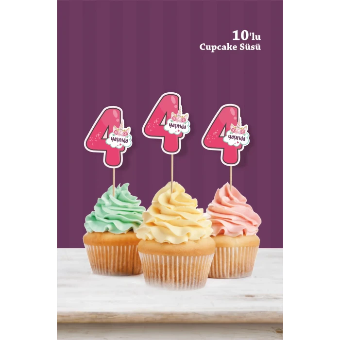 Unicorn Temalı * 4 (dört) Yaşında Cupcake Süsü 10lu
