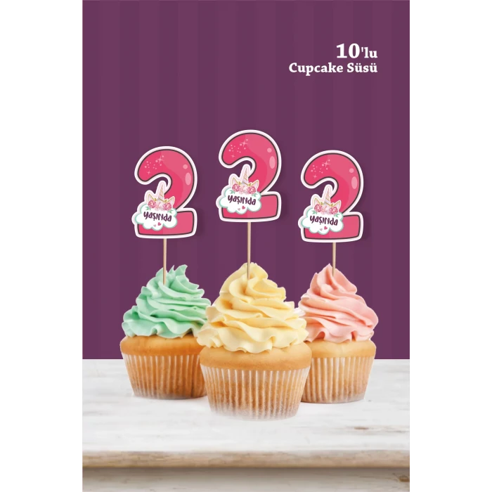 Unicorn Temalı * 2 (iki) Yaşında Cupcake Süsü 10lu