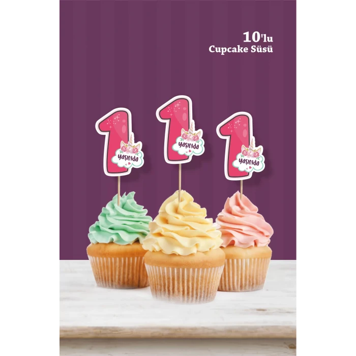 Unicorn Temalı * 1 Yaşında Cupcake Süsü 10lu