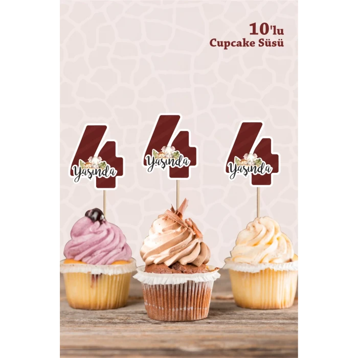 Safari Hayvanları Pastel 4 Yaşında CUPCAKE Süsü *10lu Kalın Kağıt
