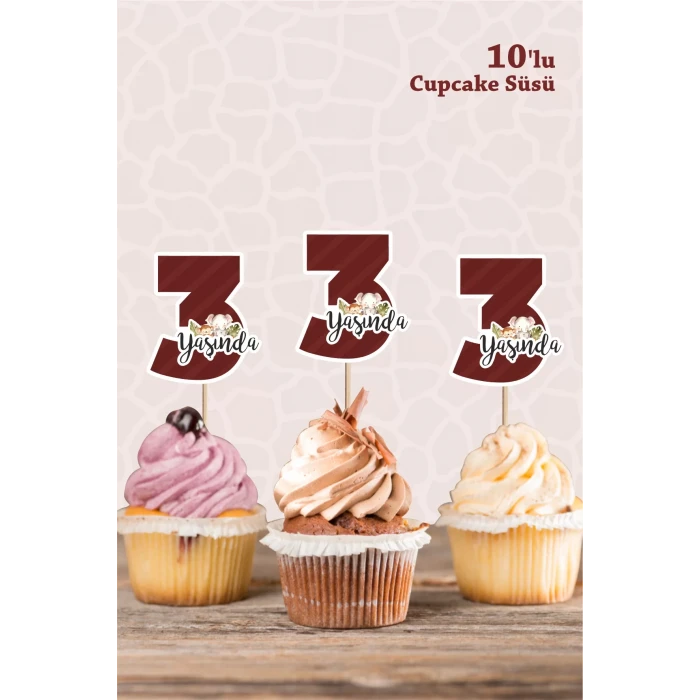 Safari Hayvanları Pastel 3 Yaşında CUPCAKE Süsü *10lu Kalın Kağıt