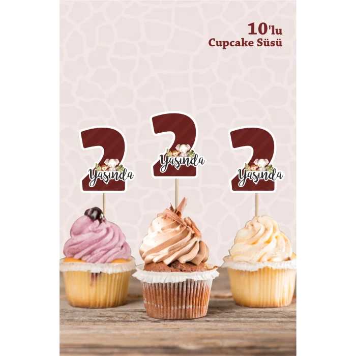 Safari Hayvanları Pastel 2 Yaşında CUPCAKE Süsü *10lu Kalın Kağıt