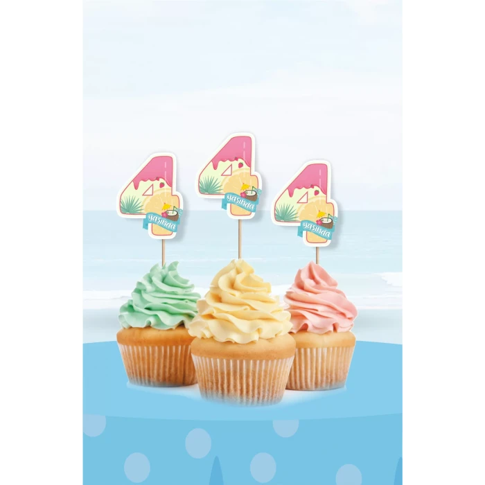 Summer Yaz Temalı 4 Yaşında Cupcake Süsü 10lu