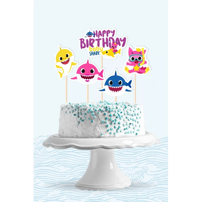 Baby Shark Temalı Doğum Günü * Pasta Süsü Set (kalın kağıt)
