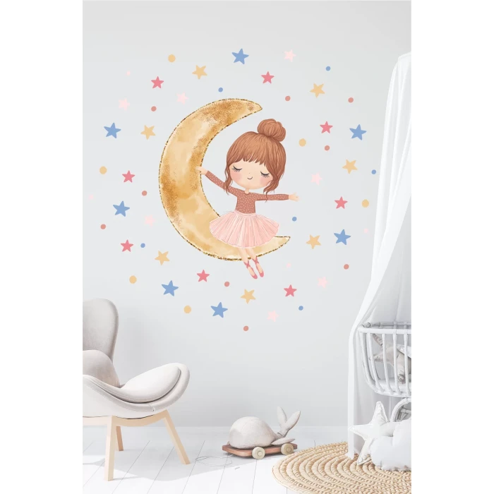 Ayda Oturan Balerin Kız + Yıldızlar 200 ad. Duvar Sticker 50x70 cm