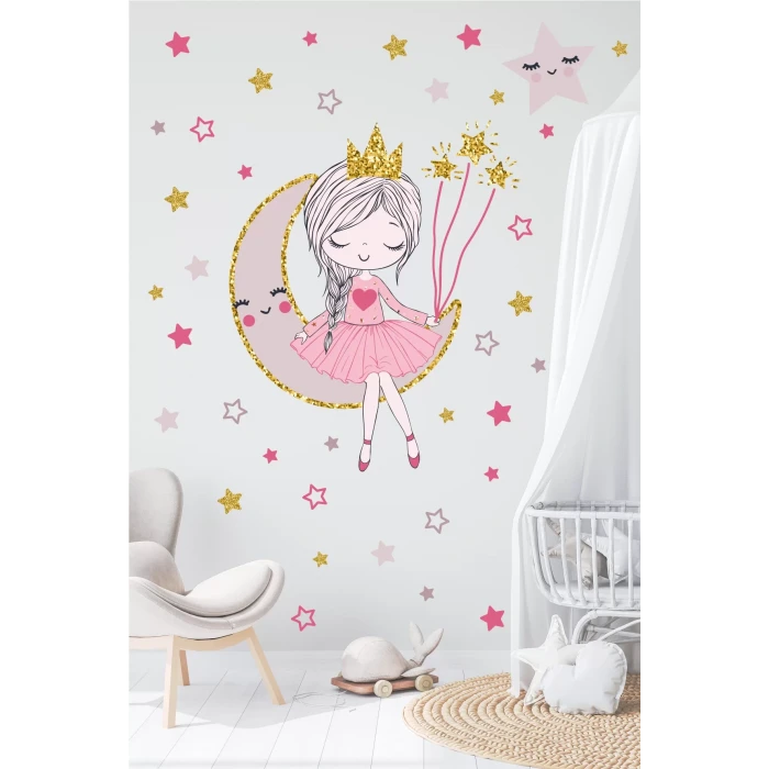 Ayda Oturan Prenses Kız + Yıldızlar 120 ad. Duvar Sticker 50x70 cm