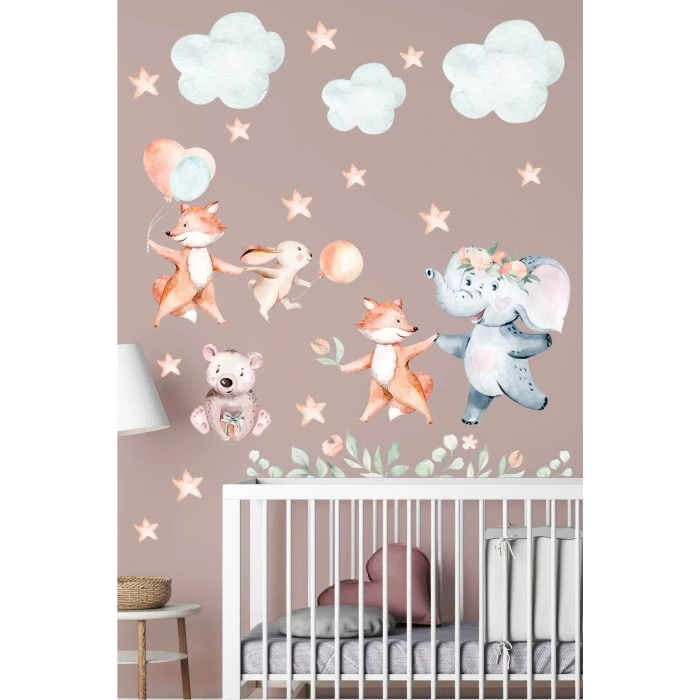 Hayvanlar Bulutlu Yıldızlı Duvar Sticker 50x70 cm