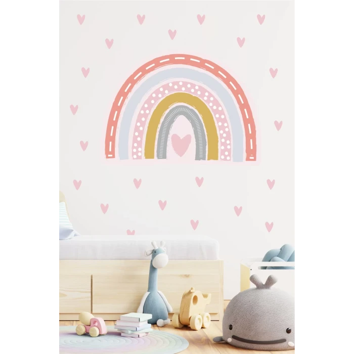 Desenli Gökkuşağı ve 200 Kalp Duvar Sticker 100x100cm