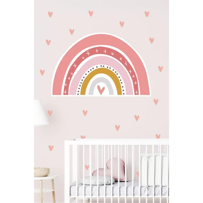 Pudra Gökkuşağı ve 120 Kalp Duvar Sticker Seti 50x100cm