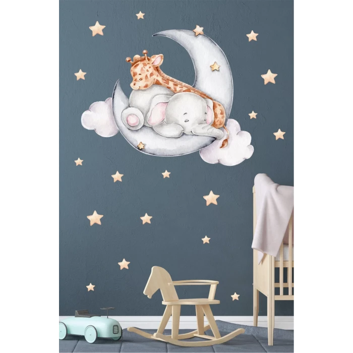 Aydede Uyuyan Fil Zürafa Duvar Sticker Seti