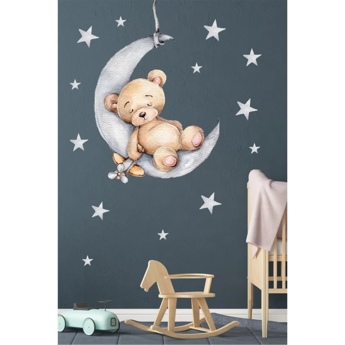 Aydede Uyuyan Ayıcık Gri Duvar Sticker Seti