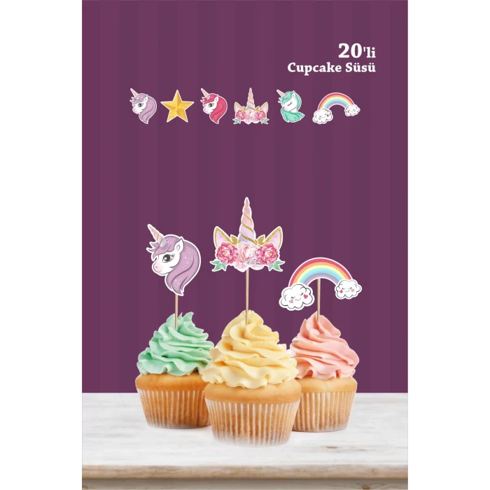 Unicorn Kürdanlı Cupcake Süsü *20li kalın Kağıt