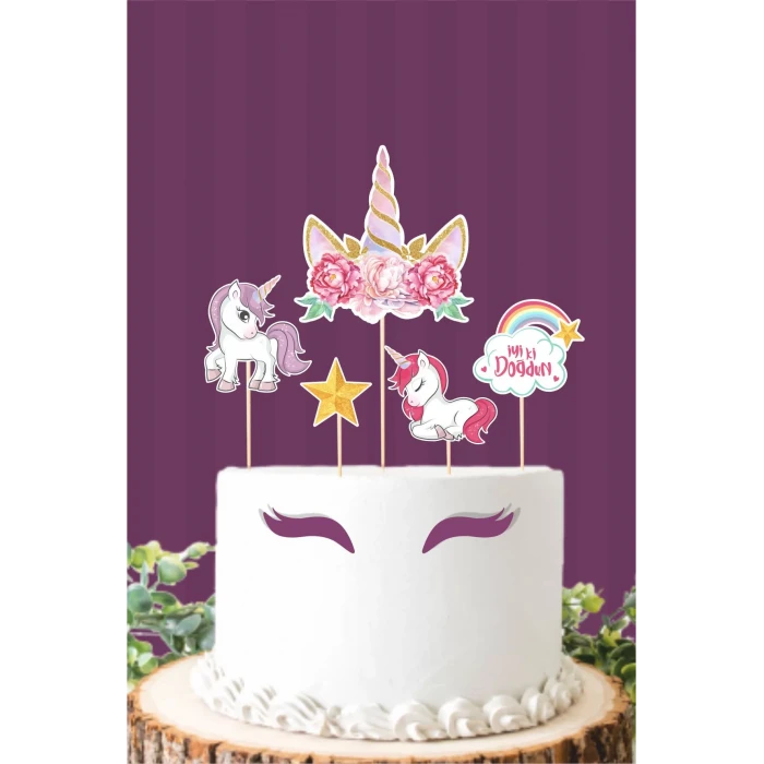 Unicorn Kürdanlı Pasta Süsü Set *Kalın Kağıt