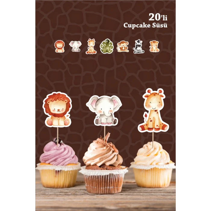 Safari Hayvanları Pastel *Kürdanlı CUPCAKE Süsü *20li Kalın Kağıt