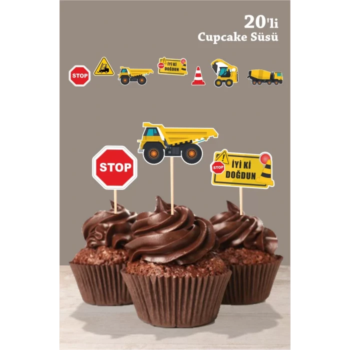 İş Makinaları Cupcake Süsü Kürdanlı *Kalın Kağıt