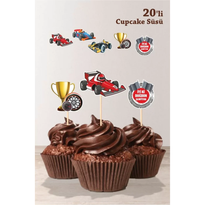 Yarış Araba Konseptli Kürdanlı Cupcake Süsü **Kalın Kağıt