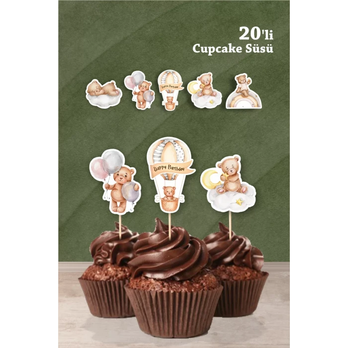 Ayıcık Temalı Cupcake Süsü 20li