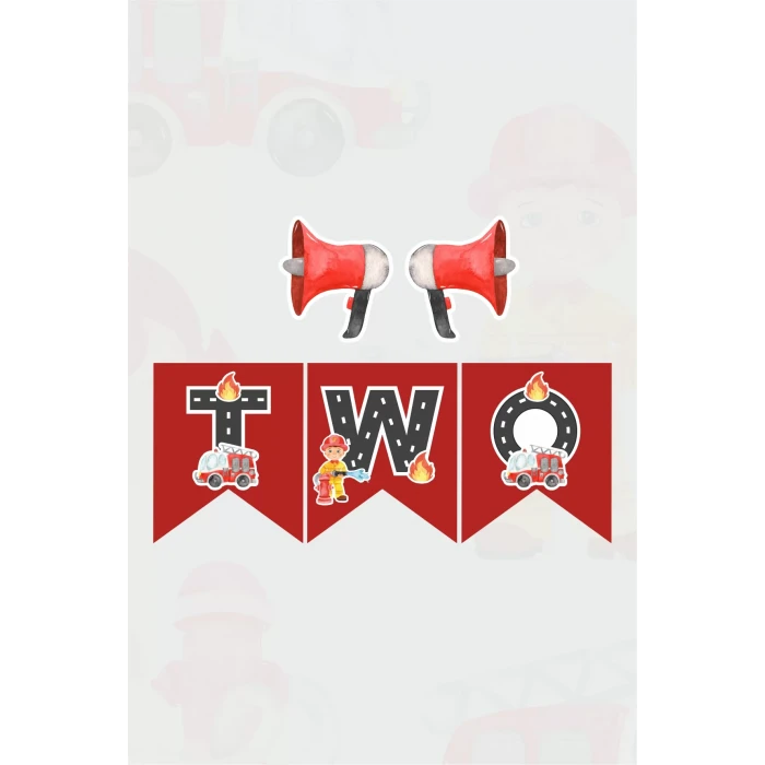 İtfaiye Temalı TWO 2 Banner (Kalın Kağıt) Doğum Günü
