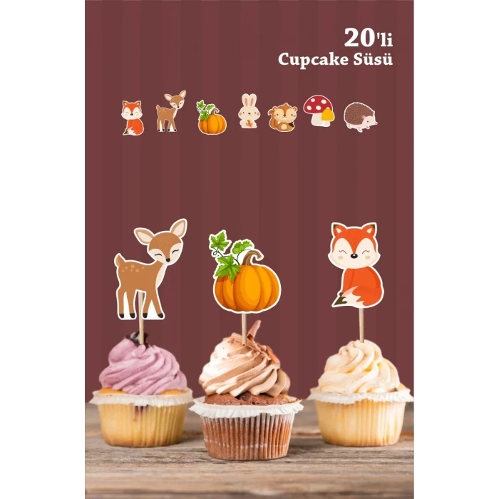 Orman hayvanları Konsepti *Kürdanlı Cupcake Süsü 20li *Kalın Kağıt