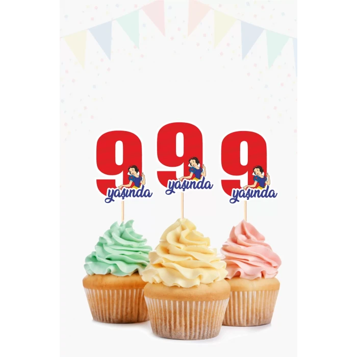 Pamuk Prenses Temalı * 9 (dokuz) Yaşında Cupcake Süsü 10lu