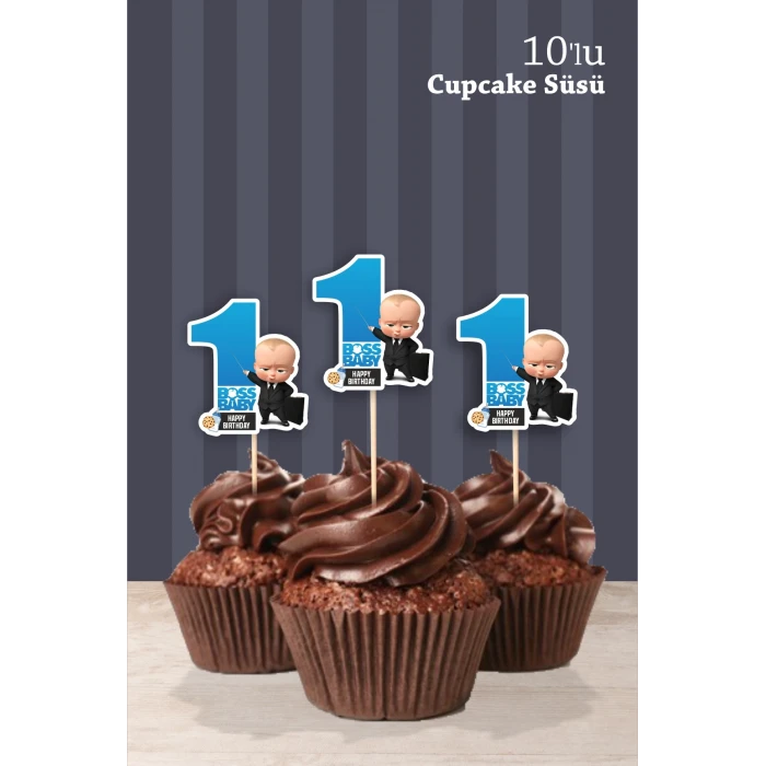 Patron Bebek Boss Baby Temalı 1 Yaşında Cupcake Süsü 10lu