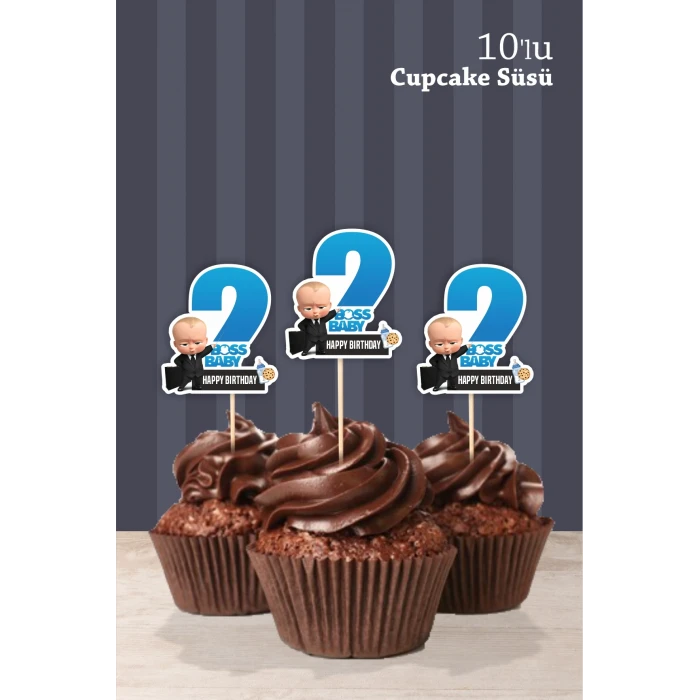 Patron Bebek Boss Baby Temalı * 2 Yaşında Cupcake Süsü 10lu