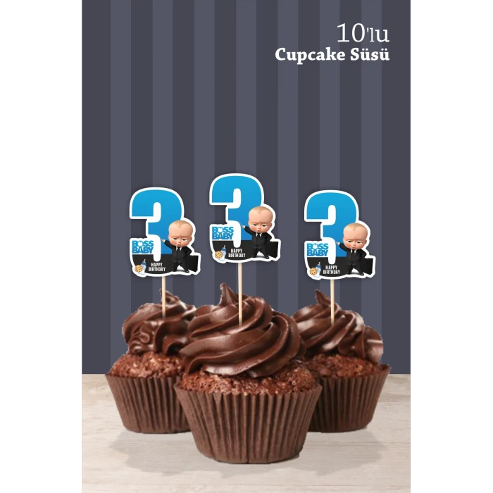 Patron Bebek Boss Baby Temalı  * 3 Yaşında Cupcake Süsü 10lu