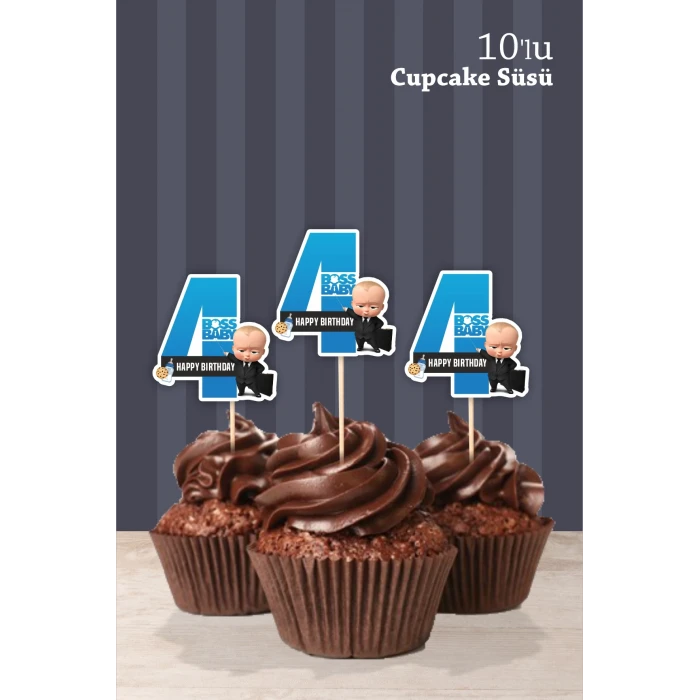 Patron Bebek Boss Baby Temalı 4 Yaşında Cupcake Süsü 10lu