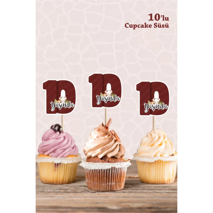 Safari Hayvanları Pastel 10 Yaşında CUPCAKE Süsü *10lu Kalın Kağıt