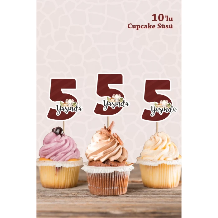 Safari Hayvanları Pastel 5 Yaşında CUPCAKE Süsü *10lu Kalın Kağıt