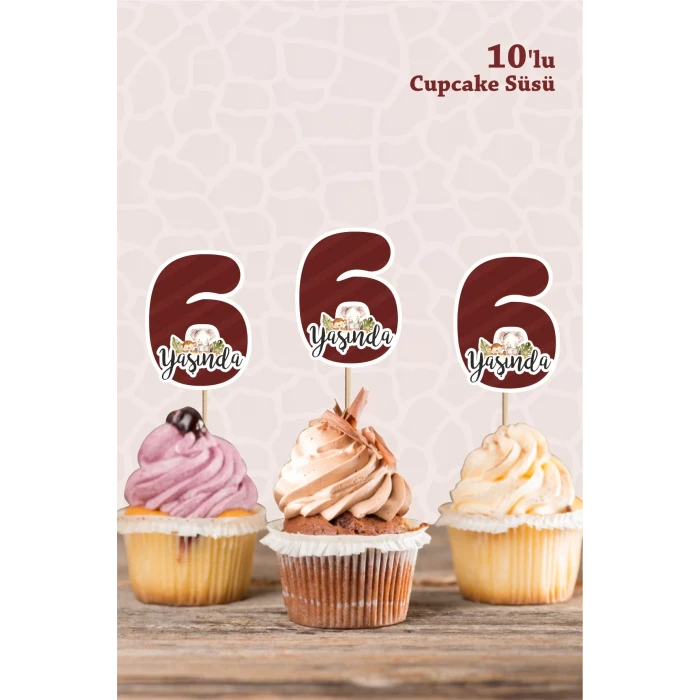 Safari Hayvanları Pastel 6 Yaşında CUPCAKE Süsü *10lu Kalın Kağıt