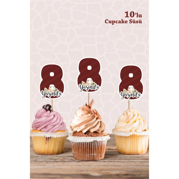 Safari Hayvanları Pastel 8 Yaşında CUPCAKE Süsü *10lu Kalın Kağıt