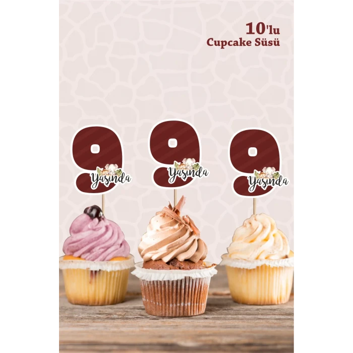 Safari Hayvanları Pastel 9 Yaşında CUPCAKE Süsü *10lu Kalın Kağıt