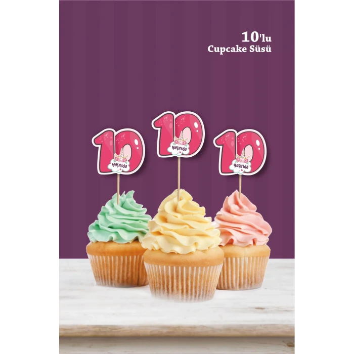 Unicorn Temalı * 10 (on) Yaşında Cupcake Süsü 10lu