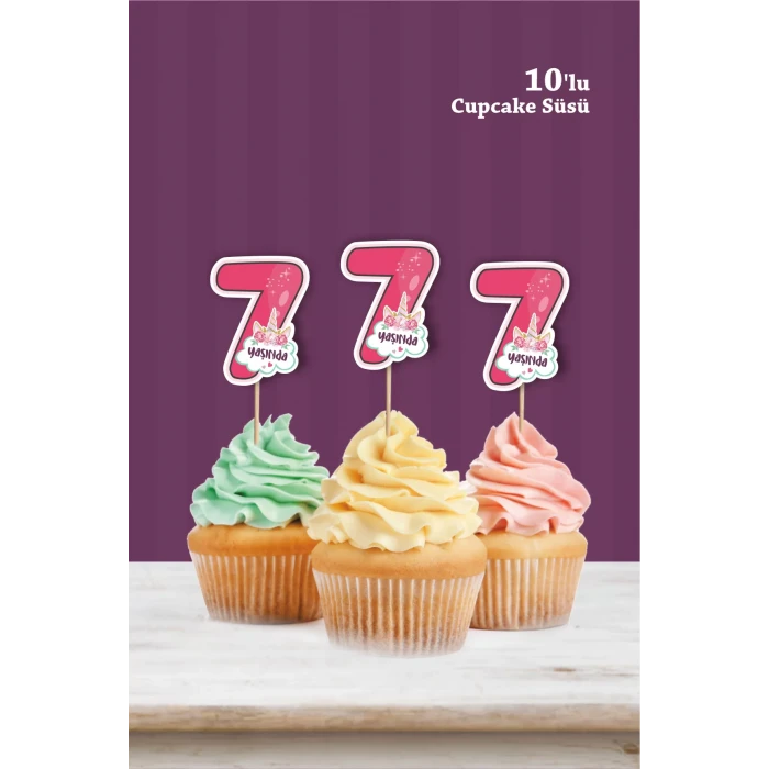 Unicorn Temalı * 7 (yedi) Yaşında Cupcake Süsü 10lu