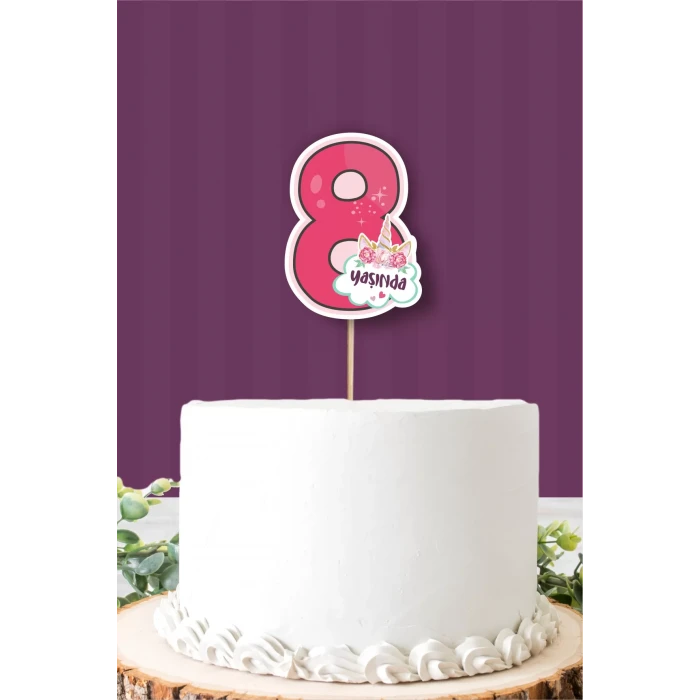 Unicorn Temalı 8 Yaşında (sekiz) Pasta Süsü *Kalın Kağıt