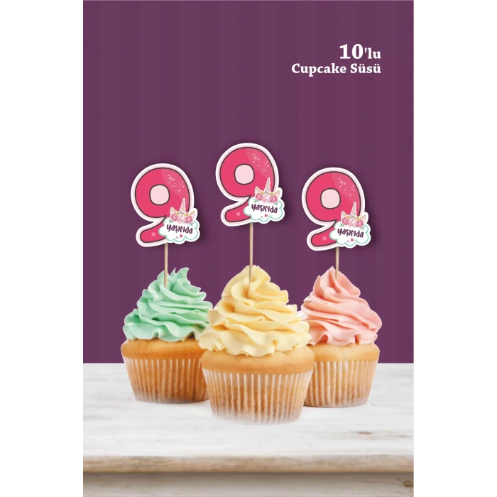 Unicorn Temalı * 9 (dokuz) Yaşında Cupcake Süsü 10lu