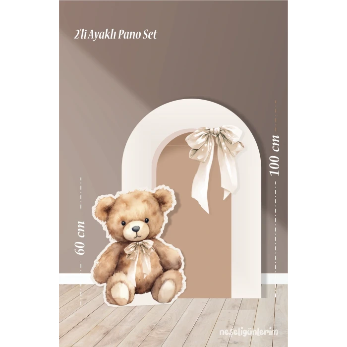 2li Ayaklı Pano Seti Krem Fiyonk, Oturan Ayıcık Temalı / 100 cm - 60 cm