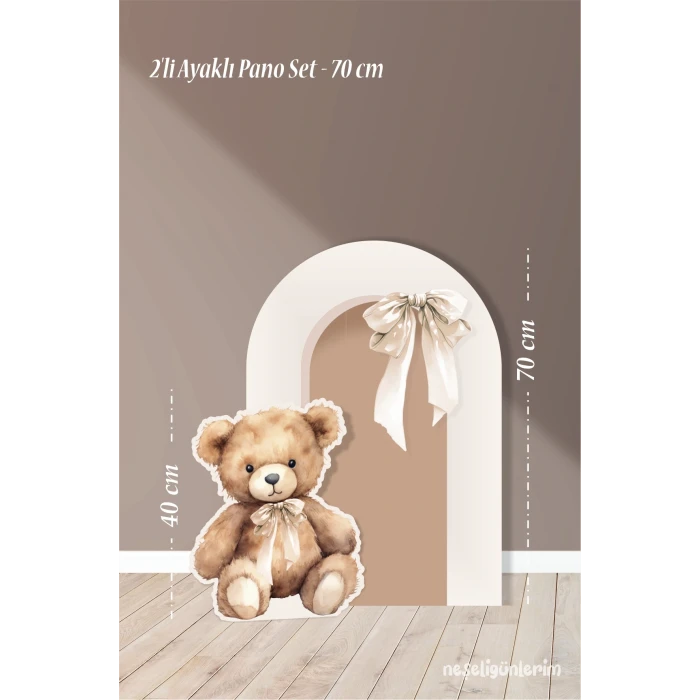 2li Ayaklı Pano Seti Krem Fiyonk, Oturan Ayıcık Temalı / 70 cm - 40 cm