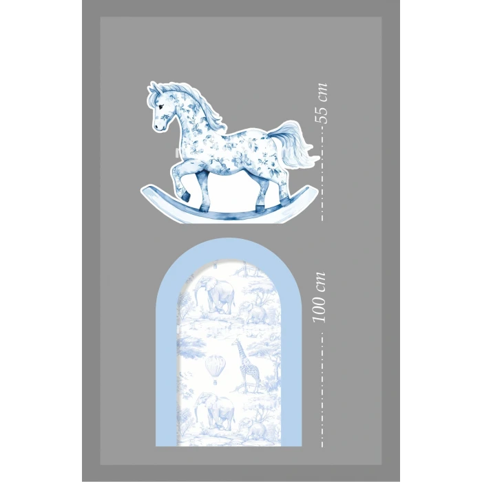 2li Ayaklı Pano Seti Mavi Safari Arka Fon , Sallanan At Temalı / 100 cm - 55 cm