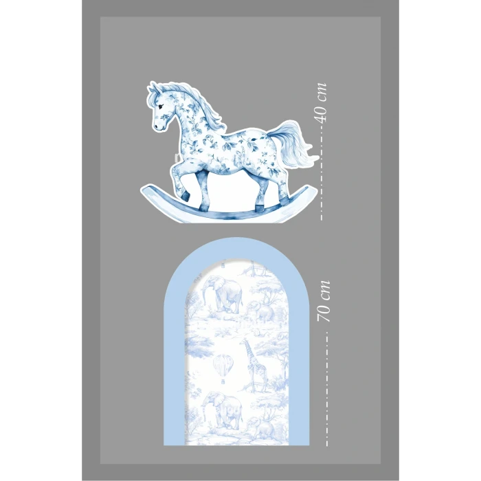 2li Ayaklı Pano Seti Mavi Safari Arka Fon , Sallanan At Temalı / 70 cm - 40 cm