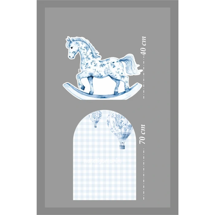 2li Ayaklı Pano Seti Pötikare Uçan Balonlu Mavi Fon, Sallanan At Temalı / 100 cm - 55 cm