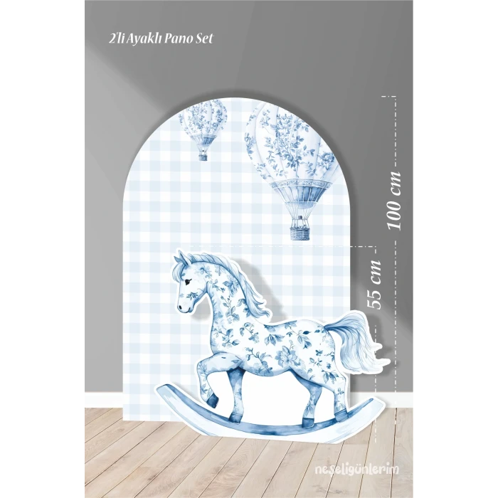 2li Ayaklı Pano Seti Pötikare Uçan Balonlu Mavi Fon, Sallanan At Temalı / 100 cm - 55 cm