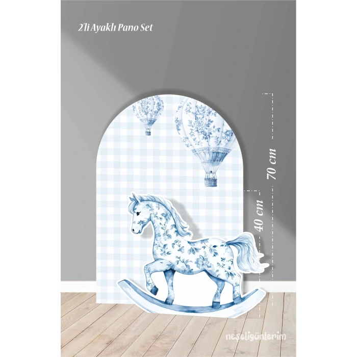 2li Ayaklı Pano Seti Pötikare Uçan Balonlu Mavi Fon, Sallanan At Temalı / 70 cm - 40 cm