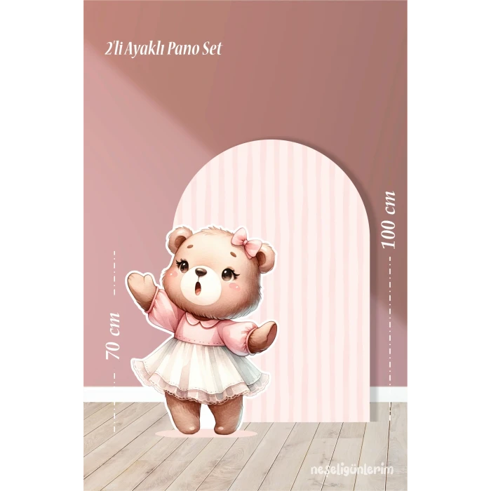 2li Ayaklı Pano Seti Pudra Çizgili, Beyaz Tütülü Ayakta Sevimli Ayıcık Temalı / 100 cm - 70 cm