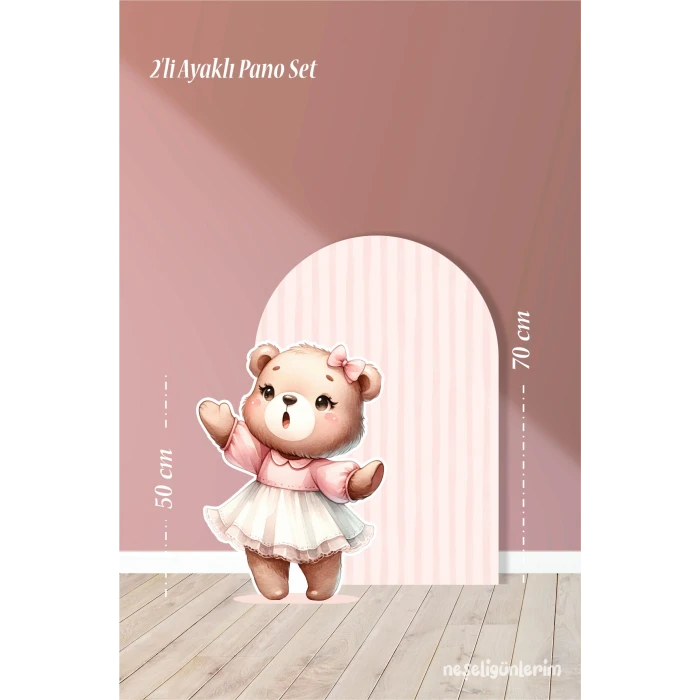 2li Ayaklı Pano Seti Pudra Çizgili, Beyaz Tütülü Ayakta Sevimli Ayıcık Temalı / 70 cm - 50 cm
