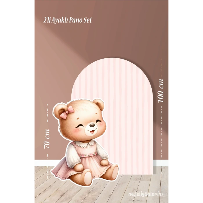 2li Ayaklı Pano Seti Pudra Çizgili, Elbiseli Oturan Sevimli Ayıcık Temalı / 100 cm - 70 cm